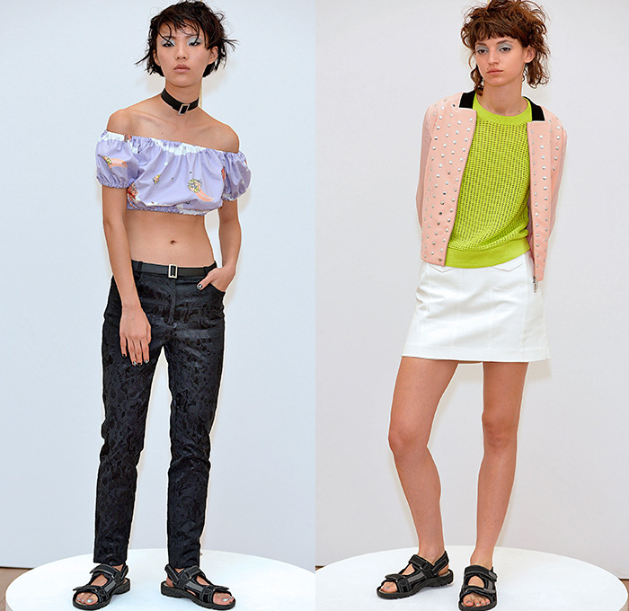 Antipodium 2015 Spring Summer Womens Lookbook Presentation - London Fashion Week - London Collections Women British Fashion Council UK United Kingdom - Printed Jeans Jacquard Sateen Silk Stripes Sleeveless Knit Crochet Sweater Jumper Mesh Crop Top Midriff Strapless Clouds Stars Metallic Studs Bomber Jacket Bomberdress Tankdress Shirtdress Illustrations Drawings