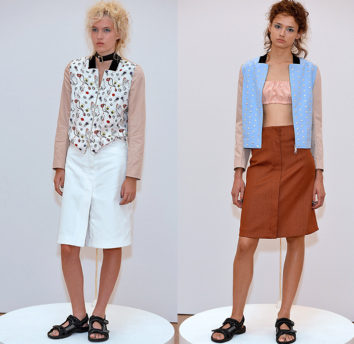 Antipodium 2015 Spring Summer Womens Lookbook Presentation - London Fashion Week - London Collections Women British Fashion Council UK United Kingdom - Printed Jeans Jacquard Sateen Silk Stripes Sleeveless Knit Crochet Sweater Jumper Mesh Crop Top Midriff Strapless Clouds Stars Metallic Studs Bomber Jacket Bomberdress Tankdress Shirtdress Illustrations Drawings