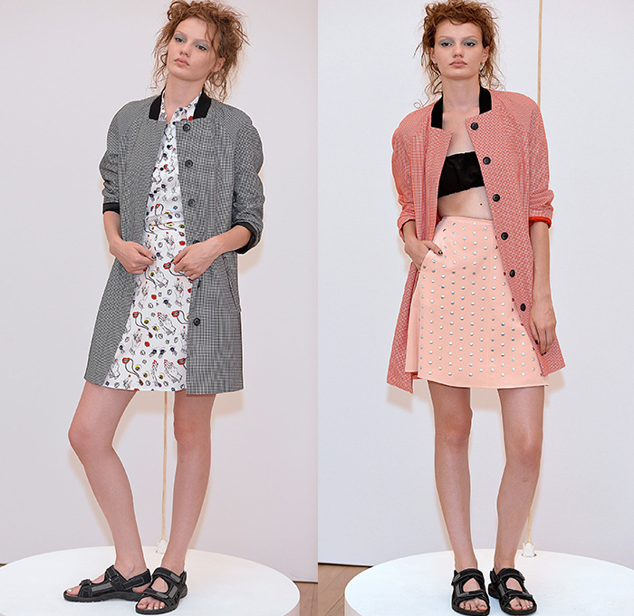 Antipodium 2015 Spring Summer Womens Lookbook Presentation - London Fashion Week - London Collections Women British Fashion Council UK United Kingdom - Printed Jeans Jacquard Sateen Silk Stripes Sleeveless Knit Crochet Sweater Jumper Mesh Crop Top Midriff Strapless Clouds Stars Metallic Studs Bomber Jacket Bomberdress Tankdress Shirtdress Illustrations Drawings