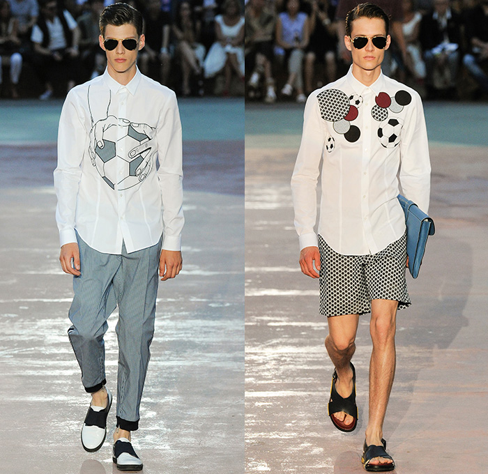 Antonio Marras 2015 Spring Summer Mens Runway Looks - Milano Moda Uomo Collezione Milan Fashion Week Italy Camera Nazionale della Moda Italiana - Soccer Futbol Denim Jeans Combo Mixed Mutli Panels Button Down Shirt Jogging Sweatpants Trousers Polka Dots Blazer Shorts Outerwear Jacket Dolphin Hem Stripes Anorak Hoodie Coat Newspaper Print Sandals Sweater Jumper Nylon Briefcase Cardigan Flowers Florals Leaves Foliage Fauna Quilted Blazer Sportcoat Suit