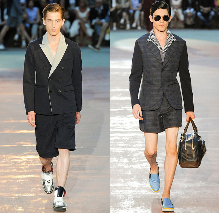 Antonio Marras 2015 Spring Summer Mens Runway Looks - Milano Moda Uomo Collezione Milan Fashion Week Italy Camera Nazionale della Moda Italiana - Soccer Futbol Denim Jeans Combo Mixed Mutli Panels Button Down Shirt Jogging Sweatpants Trousers Polka Dots Blazer Shorts Outerwear Jacket Dolphin Hem Stripes Anorak Hoodie Coat Newspaper Print Sandals Sweater Jumper Nylon Briefcase Cardigan Flowers Florals Leaves Foliage Fauna Quilted Blazer Sportcoat Suit