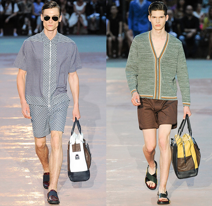 Antonio Marras 2015 Spring Summer Mens Runway Looks - Milano Moda Uomo Collezione Milan Fashion Week Italy Camera Nazionale della Moda Italiana - Soccer Futbol Denim Jeans Combo Mixed Mutli Panels Button Down Shirt Jogging Sweatpants Trousers Polka Dots Blazer Shorts Outerwear Jacket Dolphin Hem Stripes Anorak Hoodie Coat Newspaper Print Sandals Sweater Jumper Nylon Briefcase Cardigan Flowers Florals Leaves Foliage Fauna Quilted Blazer Sportcoat Suit