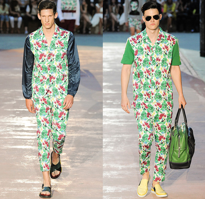 Antonio Marras 2015 Spring Summer Mens Runway Looks - Milano Moda Uomo Collezione Milan Fashion Week Italy Camera Nazionale della Moda Italiana - Soccer Futbol Denim Jeans Combo Mixed Mutli Panels Button Down Shirt Jogging Sweatpants Trousers Polka Dots Blazer Shorts Outerwear Jacket Dolphin Hem Stripes Anorak Hoodie Coat Newspaper Print Sandals Sweater Jumper Nylon Briefcase Cardigan Flowers Florals Leaves Foliage Fauna Quilted Blazer Sportcoat Suit