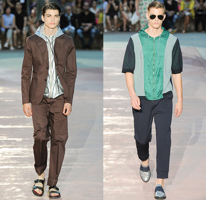 Antonio Marras 2015 Spring Summer Mens Runway Looks - Milano Moda Uomo Collezione Milan Fashion Week Italy Camera Nazionale della Moda Italiana - Soccer Futbol Denim Jeans Combo Mixed Mutli Panels Button Down Shirt Jogging Sweatpants Trousers Polka Dots Blazer Shorts Outerwear Jacket Dolphin Hem Stripes Anorak Hoodie Coat Newspaper Print Sandals Sweater Jumper Nylon Briefcase Cardigan Flowers Florals Leaves Foliage Fauna Quilted Blazer Sportcoat Suit