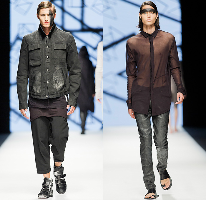 Army of Me 2015 Spring Summer Mens Runway Catwalk Looks - Fashion Week Stockholm Sweden - Post Apocalyptic Black Coated Waxed Metallic Denim Jeans Cropped Pants Trousers Sheer Chiffon Sandals Androgyny Manskirt Kilt Sleeveless Vest Waistcoat Leather Asymmetrical Zipper Tapered White Ensemble Sweater Jumper Wrinkled Creases Drapery Outerwear Coat Parka Banded Strap Drop Crotch Face Smudge Bomber Jacket Reptile Print Suit Blazer