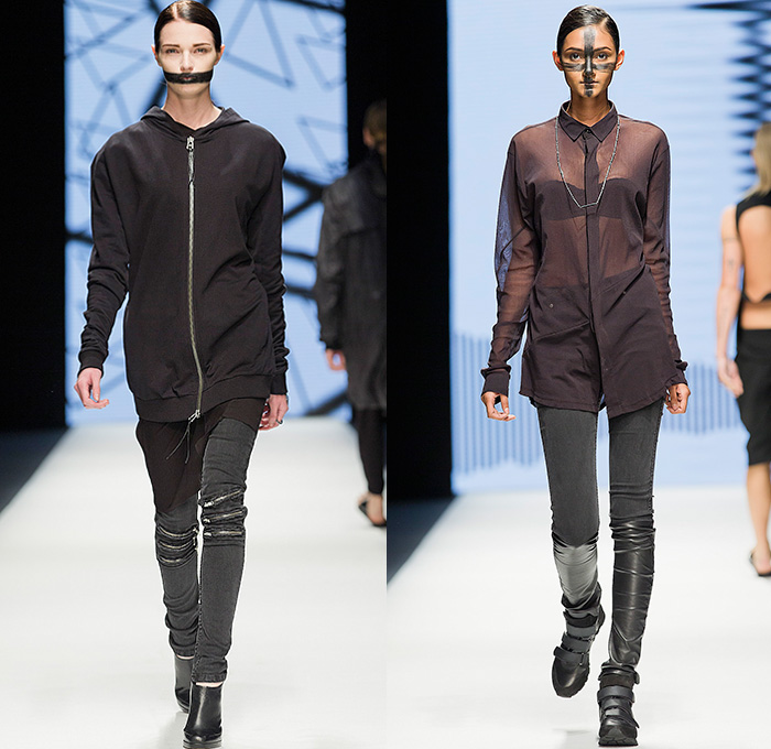 Army of Me 2015 Spring Summer Womens Runway Catwalk Looks - Fashion Week Stockholm Sweden - Denim Jeans Skinny Zippers Sweatshirt Hoodie Post Apocalyptic Black Sheer Chiffon Peek-A-Boo Blouse Multi-Panel Leather Knit Crochet Long Cardigan Bomber Jacket Coat Sweater Jumper Dress Drapery Cinch Hem