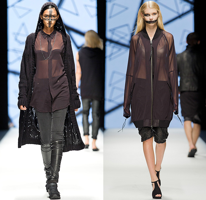 Army of Me 2015 Spring Summer Womens Runway Catwalk Looks - Fashion Week Stockholm Sweden - Denim Jeans Skinny Zippers Sweatshirt Hoodie Post Apocalyptic Black Sheer Chiffon Peek-A-Boo Blouse Multi-Panel Leather Knit Crochet Long Cardigan Bomber Jacket Coat Sweater Jumper Dress Drapery Cinch Hem