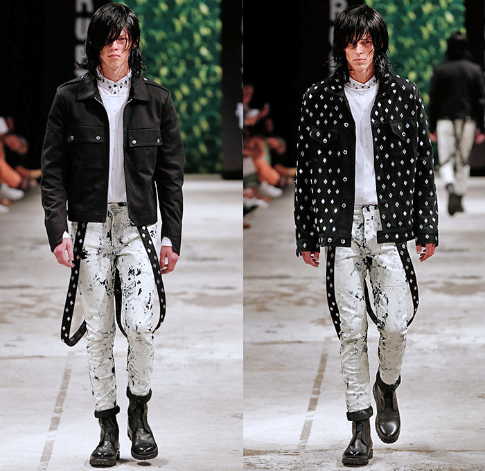 Asger Juel Larsen 2015 Spring Summer Mens Runway Catwalk Looks Interrupt Me - Copenhagen Fashion Week Denmark - Denim Jeans Grunge Neon Marbled Distressed Treatment Bleached Crackled Boots Diamond Pattern Knit Weave Tattered Frayed Sweater Jumper Suspenders Trucker Field Jacket Skinny Rocker Cargo Pockets Outerwear Coat Black Shorts Parka Hoodie Bubble Wrap Print Motif MX Motocross Moto Motorcycle Biker Rider Racer Zipper Neon Green