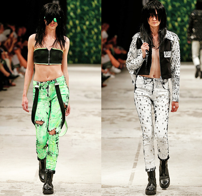 Asger Juel Larsen 2015 Spring Summer Womens Runway Catwalk Looks Interrupt Me - Copenhagen Fashion Week Denmark - Denim Jeans Grunge Punk Rock n Roll Gothic Neon Marbled Distressed Treatment Bleached Ripped Destroyed Destructed Holes Crackled Crop Top Bandeau Top Midriff Suspenders Outerwear Jacket Knit Weave Tattered Frayed Sweater Jumper Backpack Bikini Swim Swimwear Boots