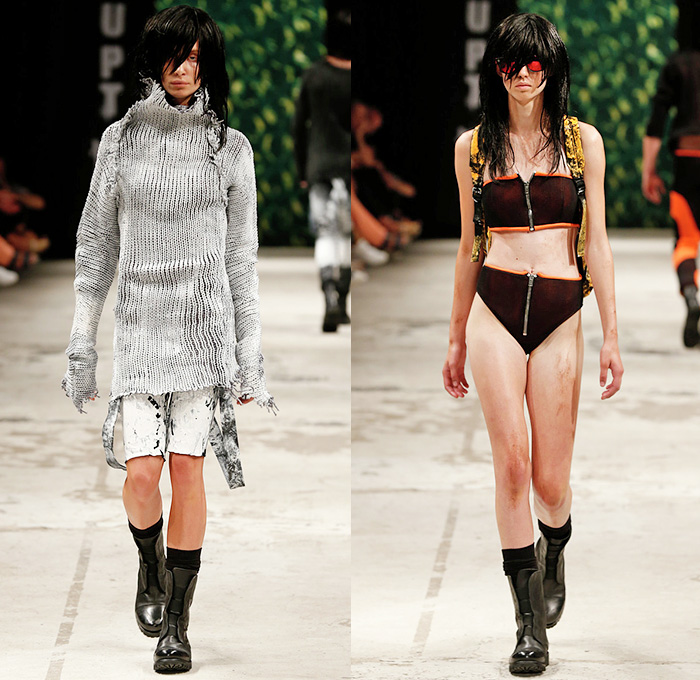 Asger Juel Larsen 2015 Spring Summer Womens Runway Catwalk Looks Interrupt Me - Copenhagen Fashion Week Denmark - Denim Jeans Grunge Punk Rock n Roll Gothic Neon Marbled Distressed Treatment Bleached Ripped Destroyed Destructed Holes Crackled Crop Top Bandeau Top Midriff Suspenders Outerwear Jacket Knit Weave Tattered Frayed Sweater Jumper Backpack Bikini Swim Swimwear Boots