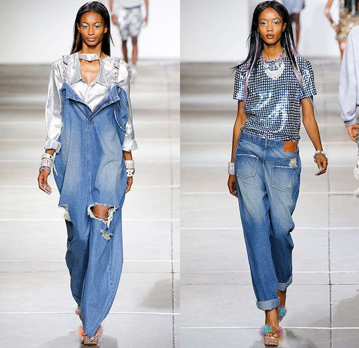 Ashish 2015 Spring Summer Womens Runway Looks - London Fashion Week British Fashion Council UK United Kingdom - Denim Jeans Reverse Onesie Jumpsuit Coveralls Destroyed Destructed Ripped Holes Disco Sequins Metallic Collarneck Frayed Fringes Raw Hem 3D Embellishments Adornments Jumper Sweater Multi-Panel Portraits Sparkle Reptile Snakeskin Pattern Python Jewels Trucker Jacket Jogging Sweatpants Shirtdress Blousedress