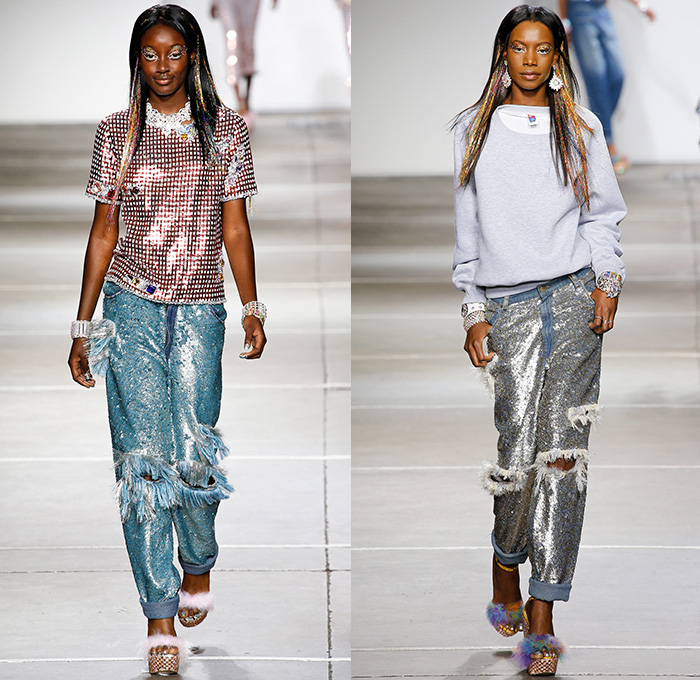 Ashish 2015 Spring Summer Womens Runway Looks - London Fashion Week British Fashion Council UK United Kingdom - Denim Jeans Reverse Onesie Jumpsuit Coveralls Destroyed Destructed Ripped Holes Disco Sequins Metallic Collarneck Frayed Fringes Raw Hem 3D Embellishments Adornments Jumper Sweater Multi-Panel Portraits Sparkle Reptile Snakeskin Pattern Python Jewels Trucker Jacket Jogging Sweatpants Shirtdress Blousedress