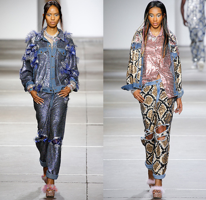 Ashish 2015 Spring Summer Womens Runway Looks - London Fashion Week British Fashion Council UK United Kingdom - Denim Jeans Reverse Onesie Jumpsuit Coveralls Destroyed Destructed Ripped Holes Disco Sequins Metallic Collarneck Frayed Fringes Raw Hem 3D Embellishments Adornments Jumper Sweater Multi-Panel Portraits Sparkle Reptile Snakeskin Pattern Python Jewels Trucker Jacket Jogging Sweatpants Shirtdress Blousedress