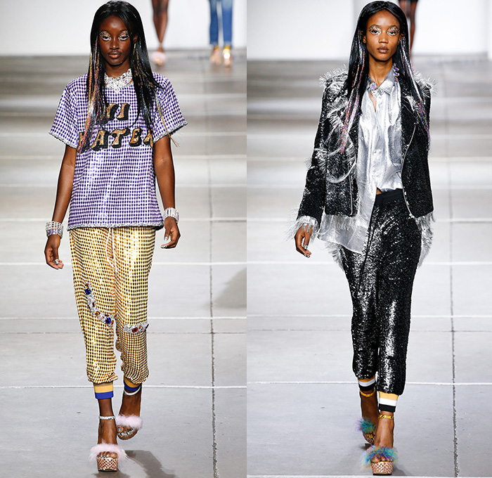 Ashish 2015 Spring Summer Womens Runway Looks - London Fashion Week British Fashion Council UK United Kingdom - Denim Jeans Reverse Onesie Jumpsuit Coveralls Destroyed Destructed Ripped Holes Disco Sequins Metallic Collarneck Frayed Fringes Raw Hem 3D Embellishments Adornments Jumper Sweater Multi-Panel Portraits Sparkle Reptile Snakeskin Pattern Python Jewels Trucker Jacket Jogging Sweatpants Shirtdress Blousedress