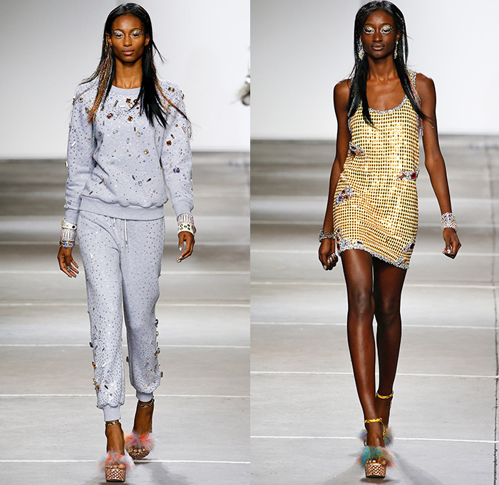 Ashish 2015 Spring Summer Womens Runway Looks - London Fashion Week British Fashion Council UK United Kingdom - Denim Jeans Reverse Onesie Jumpsuit Coveralls Destroyed Destructed Ripped Holes Disco Sequins Metallic Collarneck Frayed Fringes Raw Hem 3D Embellishments Adornments Jumper Sweater Multi-Panel Portraits Sparkle Reptile Snakeskin Pattern Python Jewels Trucker Jacket Jogging Sweatpants Shirtdress Blousedress