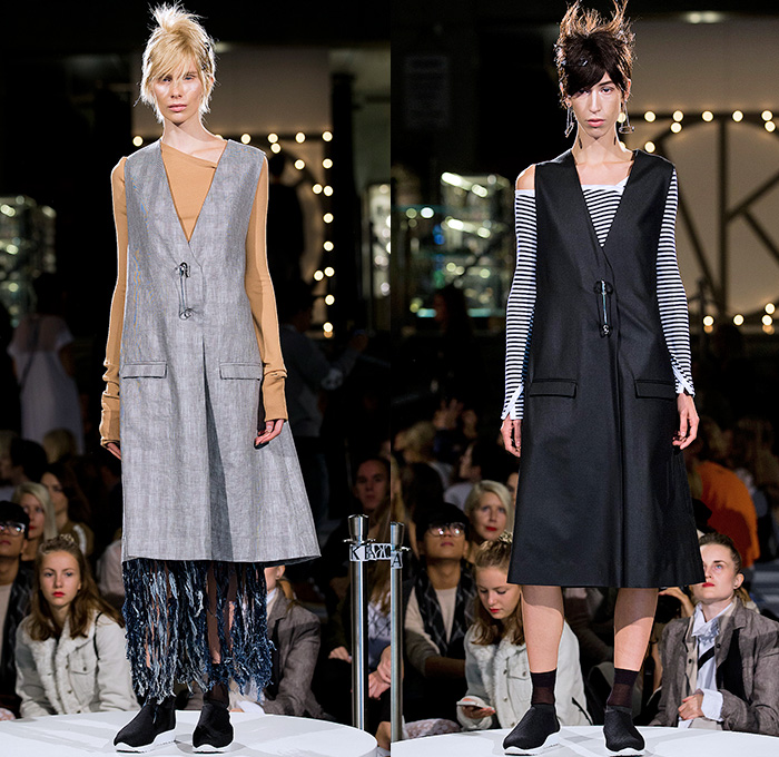 BACK by Ann-Sofie Back 2015 Spring Summer Womens Runway Catwalk Looks - Fashion Week Stockholm Sweden - Denim Jeans Fringes Tattered Raw Ripped Frayed Outerwear Coat Knit Sweater Jumper Safety Baby Pin Handkerchief Hem Stripes Skirt Frock Slouchy Oversized Bleached Feathers Tankdress Waistcoatdress Checks Angular Blazer Spaghetti Noodle Strap One Off Shoulder Sneakers Trainers Running Shoes Sweaterdress Jumperdress Knitdress 