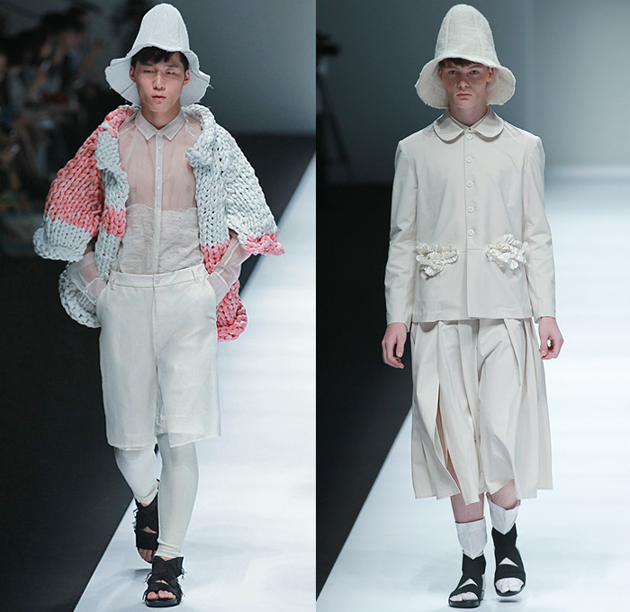 BANXIAOXUE 2015 Spring Summer Mens Runway Catwalk Looks - Shanghai Fashion Week China - Androgyny Sheer Chiffon Wide Leg Culottes Manskirt Sweater Jumper Shirt Outerwear Oversized Long Coat Chunky Knit Shirtdress Lace Mesh Bomber Jacket Leaves Foliage Fauna Scribbles Bucket Hat Embroidery Flowers Florals Crochet Weave Shorts Leggings Black White Ensemble Pleats Ruffles