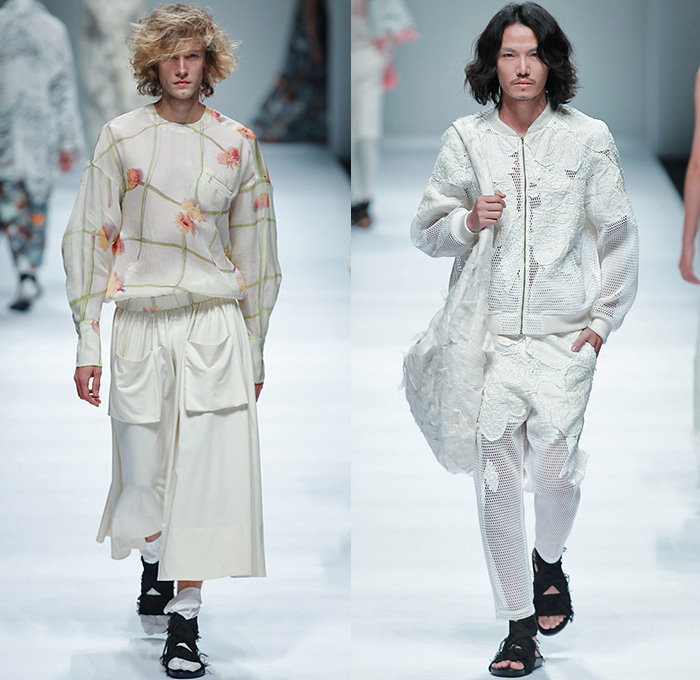 BANXIAOXUE 2015 Spring Summer Mens Runway Catwalk Looks - Shanghai Fashion Week China - Androgyny Sheer Chiffon Wide Leg Culottes Manskirt Sweater Jumper Shirt Outerwear Oversized Long Coat Chunky Knit Shirtdress Lace Mesh Bomber Jacket Leaves Foliage Fauna Scribbles Bucket Hat Embroidery Flowers Florals Crochet Weave Shorts Leggings Black White Ensemble Pleats Ruffles