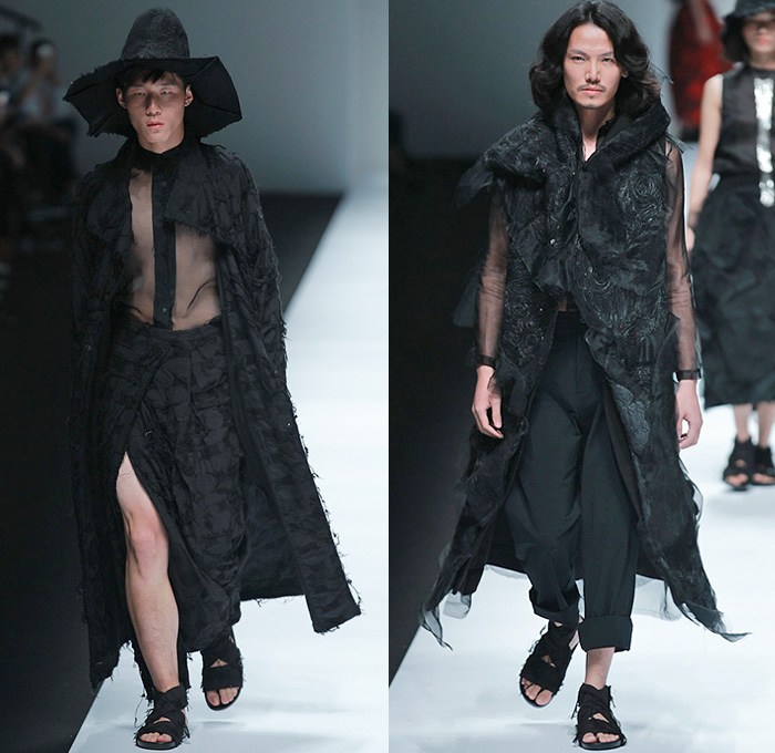 BANXIAOXUE 2015 Spring Summer Mens Runway Catwalk Looks - Shanghai Fashion Week China - Androgyny Sheer Chiffon Wide Leg Culottes Manskirt Sweater Jumper Shirt Outerwear Oversized Long Coat Chunky Knit Shirtdress Lace Mesh Bomber Jacket Leaves Foliage Fauna Scribbles Bucket Hat Embroidery Flowers Florals Crochet Weave Shorts Leggings Black White Ensemble Pleats Ruffles