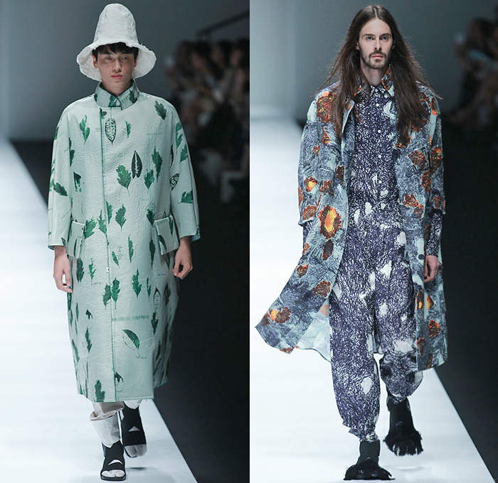 BANXIAOXUE 2015 Spring Summer Mens Runway Catwalk Looks - Shanghai Fashion Week China - Androgyny Sheer Chiffon Wide Leg Culottes Manskirt Sweater Jumper Shirt Outerwear Oversized Long Coat Chunky Knit Shirtdress Lace Mesh Bomber Jacket Leaves Foliage Fauna Scribbles Bucket Hat Embroidery Flowers Florals Crochet Weave Shorts Leggings Black White Ensemble Pleats Ruffles