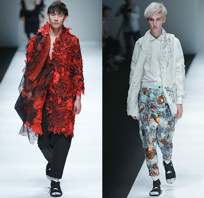 BANXIAOXUE 2015 Spring Summer Mens Runway Catwalk Looks - Shanghai Fashion Week China - Androgyny Sheer Chiffon Wide Leg Culottes Manskirt Sweater Jumper Shirt Outerwear Oversized Long Coat Chunky Knit Shirtdress Lace Mesh Bomber Jacket Leaves Foliage Fauna Scribbles Bucket Hat Embroidery Flowers Florals Crochet Weave Shorts Leggings Black White Ensemble Pleats Ruffles