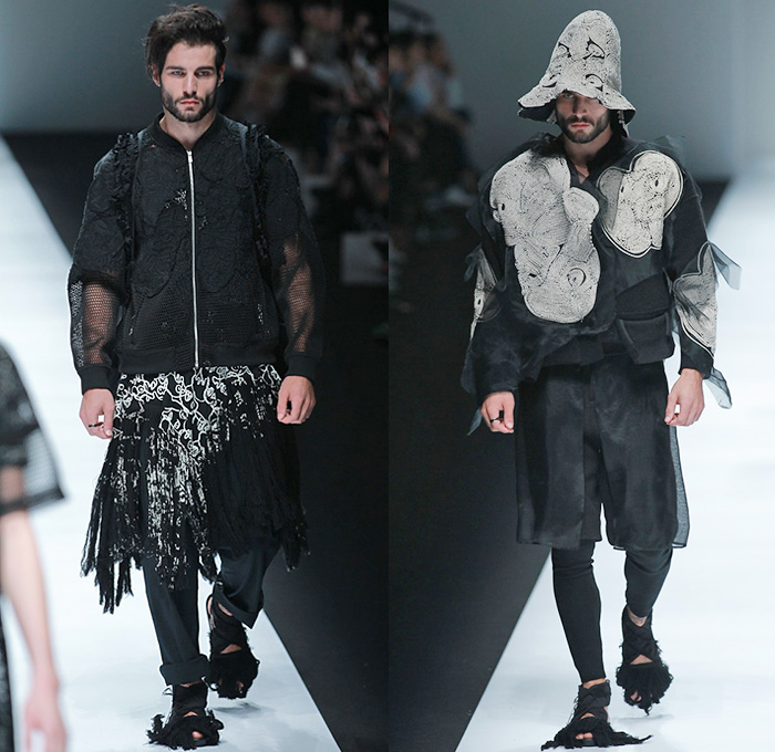 BANXIAOXUE 2015 Spring Summer Mens Runway Catwalk Looks - Shanghai Fashion Week China - Androgyny Sheer Chiffon Wide Leg Culottes Manskirt Sweater Jumper Shirt Outerwear Oversized Long Coat Chunky Knit Shirtdress Lace Mesh Bomber Jacket Leaves Foliage Fauna Scribbles Bucket Hat Embroidery Flowers Florals Crochet Weave Shorts Leggings Black White Ensemble Pleats Ruffles