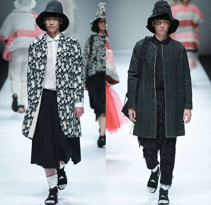 BANXIAOXUE 2015 Spring Summer Mens Runway Catwalk Looks - Shanghai Fashion Week China - Androgyny Sheer Chiffon Wide Leg Culottes Manskirt Sweater Jumper Shirt Outerwear Oversized Long Coat Chunky Knit Shirtdress Lace Mesh Bomber Jacket Leaves Foliage Fauna Scribbles Bucket Hat Embroidery Flowers Florals Crochet Weave Shorts Leggings Black White Ensemble Pleats Ruffles