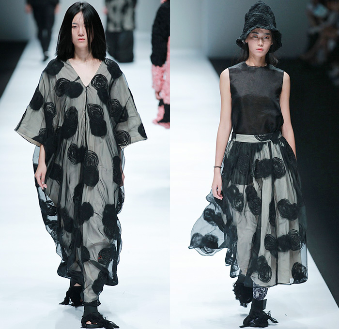 BANXIAOXUE 2015 Spring Summer Womens Runway Catwalk Looks - Shanghai Fashion Week China - Sheer Chiffon Chunky Knit Shirtdress Lace Mesh Dress Skirt Frock Fringes Vest Waistcoat Poncho Outerwear Coat Jacket Drapery Scribbles Flowers Florals 3D Embroidery Oversized Wide Sleeves Threads Loops Maxi Dress Noodle Spaghetti Strap Silk Bucket Hat Weave Crochet Paper Mache Abstract