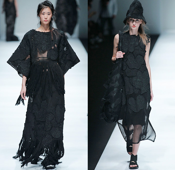 BANXIAOXUE 2015 Spring Summer Womens Runway Catwalk Looks - Shanghai Fashion Week China - Sheer Chiffon Chunky Knit Shirtdress Lace Mesh Dress Skirt Frock Fringes Vest Waistcoat Poncho Outerwear Coat Jacket Drapery Scribbles Flowers Florals 3D Embroidery Oversized Wide Sleeves Threads Loops Maxi Dress Noodle Spaghetti Strap Silk Bucket Hat Weave Crochet Paper Mache Abstract