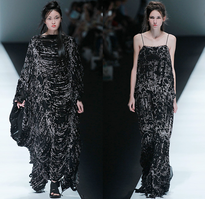 BANXIAOXUE 2015 Spring Summer Womens Runway Catwalk Looks - Shanghai Fashion Week China - Sheer Chiffon Chunky Knit Shirtdress Lace Mesh Dress Skirt Frock Fringes Vest Waistcoat Poncho Outerwear Coat Jacket Drapery Scribbles Flowers Florals 3D Embroidery Oversized Wide Sleeves Threads Loops Maxi Dress Noodle Spaghetti Strap Silk Bucket Hat Weave Crochet Paper Mache Abstract