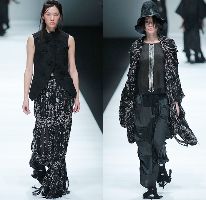 BANXIAOXUE 2015 Spring Summer Womens Runway Catwalk Looks - Shanghai Fashion Week China - Sheer Chiffon Chunky Knit Shirtdress Lace Mesh Dress Skirt Frock Fringes Vest Waistcoat Poncho Outerwear Coat Jacket Drapery Scribbles Flowers Florals 3D Embroidery Oversized Wide Sleeves Threads Loops Maxi Dress Noodle Spaghetti Strap Silk Bucket Hat Weave Crochet Paper Mache Abstract