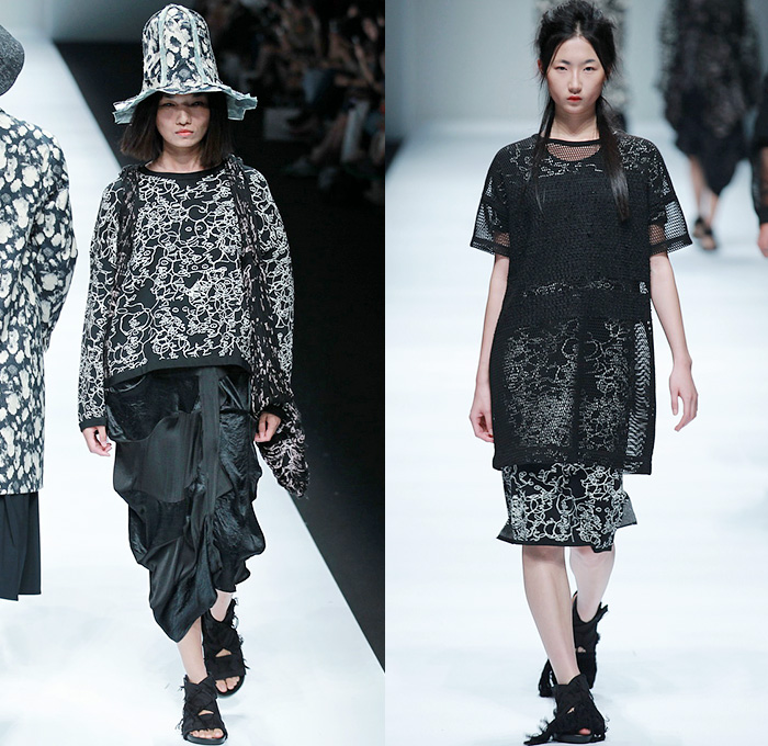 BANXIAOXUE 2015 Spring Summer Womens Runway Catwalk Looks - Shanghai Fashion Week China - Sheer Chiffon Chunky Knit Shirtdress Lace Mesh Dress Skirt Frock Fringes Vest Waistcoat Poncho Outerwear Coat Jacket Drapery Scribbles Flowers Florals 3D Embroidery Oversized Wide Sleeves Threads Loops Maxi Dress Noodle Spaghetti Strap Silk Bucket Hat Weave Crochet Paper Mache Abstract