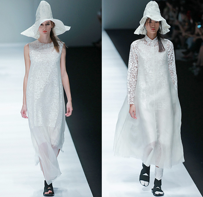 BANXIAOXUE 2015 Spring Summer Womens Runway Catwalk Looks - Shanghai Fashion Week China - Sheer Chiffon Chunky Knit Shirtdress Lace Mesh Dress Skirt Frock Fringes Vest Waistcoat Poncho Outerwear Coat Jacket Drapery Scribbles Flowers Florals 3D Embroidery Oversized Wide Sleeves Threads Loops Maxi Dress Noodle Spaghetti Strap Silk Bucket Hat Weave Crochet Paper Mache Abstract