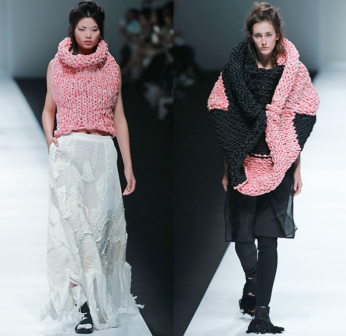 BANXIAOXUE 2015 Spring Summer Womens Runway Catwalk Looks - Shanghai Fashion Week China - Sheer Chiffon Chunky Knit Shirtdress Lace Mesh Dress Skirt Frock Fringes Vest Waistcoat Poncho Outerwear Coat Jacket Drapery Scribbles Flowers Florals 3D Embroidery Oversized Wide Sleeves Threads Loops Maxi Dress Noodle Spaghetti Strap Silk Bucket Hat Weave Crochet Paper Mache Abstract