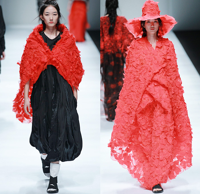 BANXIAOXUE 2015 Spring Summer Womens Runway Catwalk Looks - Shanghai Fashion Week China - Sheer Chiffon Chunky Knit Shirtdress Lace Mesh Dress Skirt Frock Fringes Vest Waistcoat Poncho Outerwear Coat Jacket Drapery Scribbles Flowers Florals 3D Embroidery Oversized Wide Sleeves Threads Loops Maxi Dress Noodle Spaghetti Strap Silk Bucket Hat Weave Crochet Paper Mache Abstract