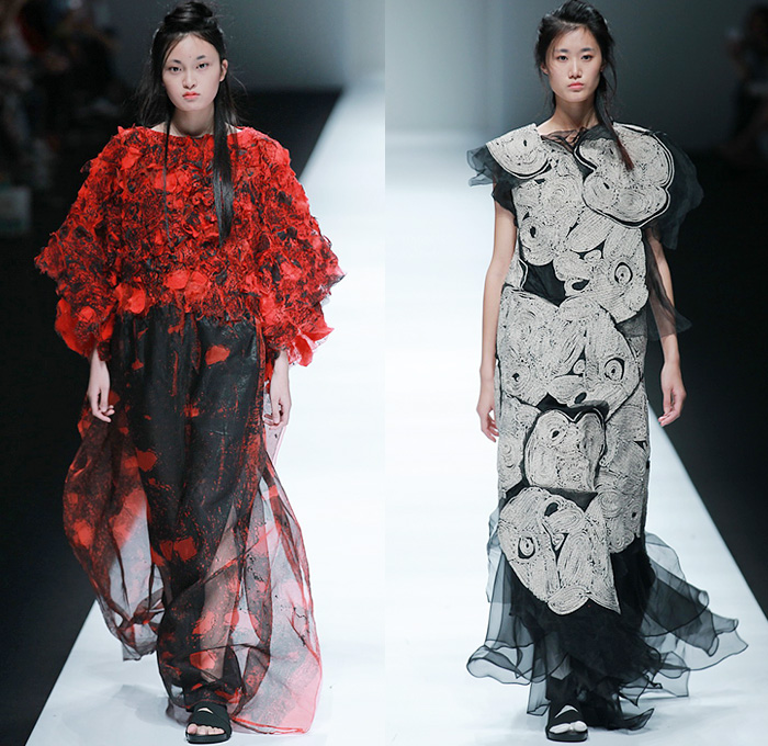 BANXIAOXUE 2015 Spring Summer Womens Runway Catwalk Looks - Shanghai Fashion Week China - Sheer Chiffon Chunky Knit Shirtdress Lace Mesh Dress Skirt Frock Fringes Vest Waistcoat Poncho Outerwear Coat Jacket Drapery Scribbles Flowers Florals 3D Embroidery Oversized Wide Sleeves Threads Loops Maxi Dress Noodle Spaghetti Strap Silk Bucket Hat Weave Crochet Paper Mache Abstract