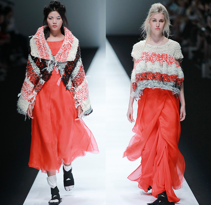 BANXIAOXUE 2015 Spring Summer Womens Runway Catwalk Looks - Shanghai Fashion Week China - Sheer Chiffon Chunky Knit Shirtdress Lace Mesh Dress Skirt Frock Fringes Vest Waistcoat Poncho Outerwear Coat Jacket Drapery Scribbles Flowers Florals 3D Embroidery Oversized Wide Sleeves Threads Loops Maxi Dress Noodle Spaghetti Strap Silk Bucket Hat Weave Crochet Paper Mache Abstract