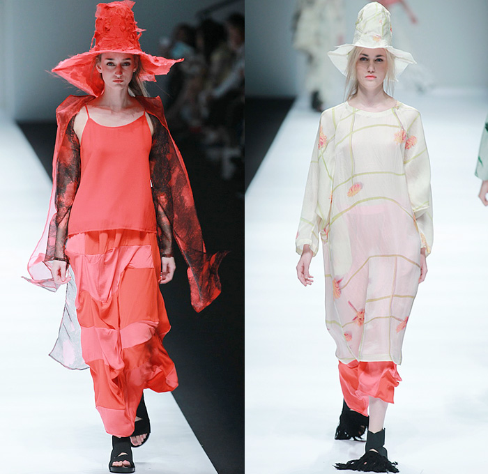 BANXIAOXUE 2015 Spring Summer Womens Runway Catwalk Looks - Shanghai Fashion Week China - Sheer Chiffon Chunky Knit Shirtdress Lace Mesh Dress Skirt Frock Fringes Vest Waistcoat Poncho Outerwear Coat Jacket Drapery Scribbles Flowers Florals 3D Embroidery Oversized Wide Sleeves Threads Loops Maxi Dress Noodle Spaghetti Strap Silk Bucket Hat Weave Crochet Paper Mache Abstract