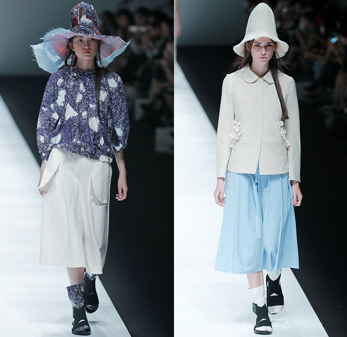 BANXIAOXUE 2015 Spring Summer Womens Runway Catwalk Looks - Shanghai Fashion Week China - Sheer Chiffon Chunky Knit Shirtdress Lace Mesh Dress Skirt Frock Fringes Vest Waistcoat Poncho Outerwear Coat Jacket Drapery Scribbles Flowers Florals 3D Embroidery Oversized Wide Sleeves Threads Loops Maxi Dress Noodle Spaghetti Strap Silk Bucket Hat Weave Crochet Paper Mache Abstract