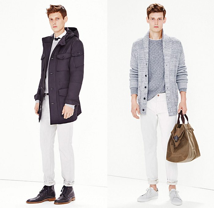 Banana Republic 2015 Spring Summer Mens Lookbook Presentation - Denim Jeans Outerwear Jacket Coat Peacoat Parka Pants Trousers Knit Shawl Collar Boots Sneakers Cardigan White Blazer Sweater Jumper Casuals