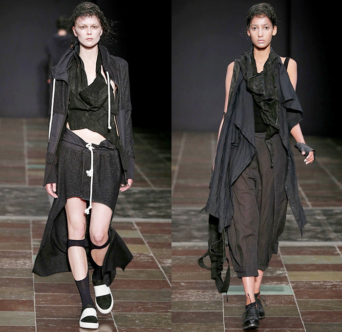 BARBARA I GONGINI 2015 Spring Summer Womens Runway Catwalk Looks - Copenhagen Fashion Week Denmark - Dark Black Apocalyptic Kimono Wrap Drapery Vest Waistcoat Cutout Stockings Tights Shorts Knits Gloves Train Drawstring Culottes Gauchos Dress Silk External Pocket Crochet Skirt Frock Slashed Fold Out Lapel Asymmetrical Tankdress Elastic Hem Cape Leg Warmer Zipper Crop Top Midriff Coat Cloak Coatdress