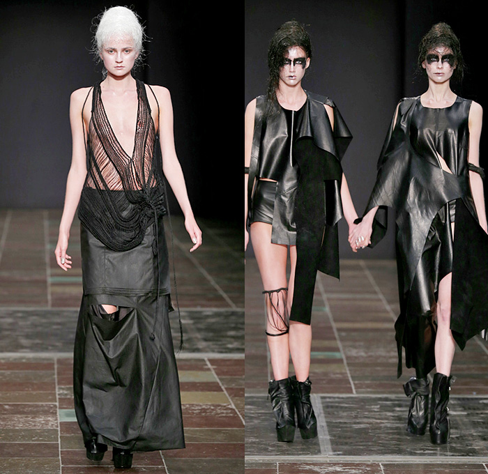 BARBARA I GONGINI 2015 Spring Summer Womens Runway Catwalk Looks - Copenhagen Fashion Week Denmark - Dark Black Apocalyptic Kimono Wrap Drapery Vest Waistcoat Cutout Stockings Tights Shorts Knits Gloves Train Drawstring Culottes Gauchos Dress Silk External Pocket Crochet Skirt Frock Slashed Fold Out Lapel Asymmetrical Tankdress Elastic Hem Cape Leg Warmer Zipper Crop Top Midriff Coat Cloak Coatdress