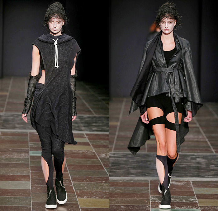 BARBARA I GONGINI 2015 Spring Summer Womens Runway Catwalk Looks - Copenhagen Fashion Week Denmark - Dark Black Apocalyptic Kimono Wrap Drapery Vest Waistcoat Cutout Stockings Tights Shorts Knits Gloves Train Drawstring Culottes Gauchos Dress Silk External Pocket Crochet Skirt Frock Slashed Fold Out Lapel Asymmetrical Tankdress Elastic Hem Cape Leg Warmer Zipper Crop Top Midriff Coat Cloak Coatdress