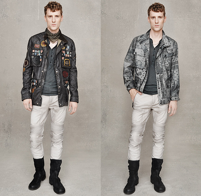 Belstaff England 2015 Spring Summer Mens Lookbook Presentation - Milano Moda Uomo Collezione Milan Fashion Week Italy Camera Nazionale della Moda Italiana - Denim Jeans Waxed Dry Coated Motorcycle Biker Rider Ribbed Knee Panels Outerwear Jacket Waffle Quilted Patches Emblems Scarf Bandanna Paisley Print Motif Pattern Boots Metallic Studs Vest Waistcoat Sweater Jumper Knit One Piece Onesie Jumpsuit Boilersuit Coveralls Backpack