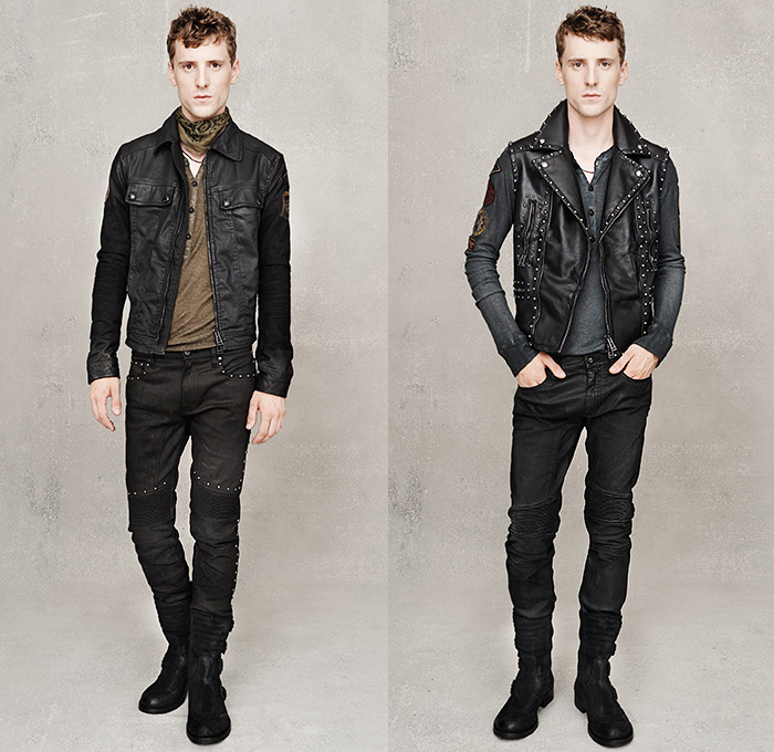 Belstaff England 2015 Spring Summer Mens Lookbook Presentation - Milano Moda Uomo Collezione Milan Fashion Week Italy Camera Nazionale della Moda Italiana - Denim Jeans Waxed Dry Coated Motorcycle Biker Rider Ribbed Knee Panels Outerwear Jacket Waffle Quilted Patches Emblems Scarf Bandanna Paisley Print Motif Pattern Boots Metallic Studs Vest Waistcoat Sweater Jumper Knit One Piece Onesie Jumpsuit Boilersuit Coveralls Backpack