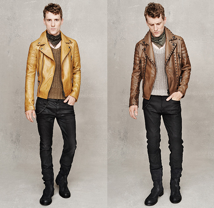 Belstaff England 2015 Spring Summer Mens Lookbook Presentation - Milano Moda Uomo Collezione Milan Fashion Week Italy Camera Nazionale della Moda Italiana - Denim Jeans Waxed Dry Coated Motorcycle Biker Rider Ribbed Knee Panels Outerwear Jacket Waffle Quilted Patches Emblems Scarf Bandanna Paisley Print Motif Pattern Boots Metallic Studs Vest Waistcoat Sweater Jumper Knit One Piece Onesie Jumpsuit Boilersuit Coveralls Backpack