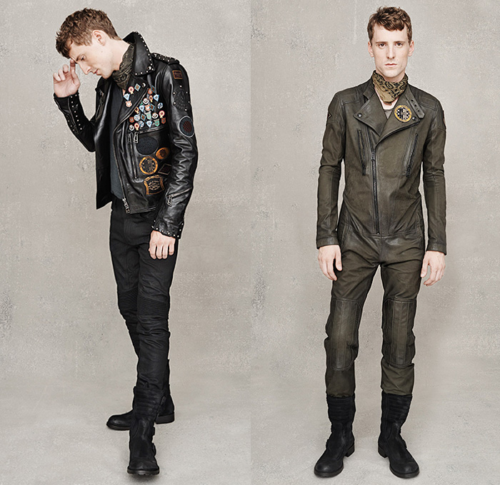 Belstaff England 2015 Spring Summer Mens Lookbook Presentation - Milano Moda Uomo Collezione Milan Fashion Week Italy Camera Nazionale della Moda Italiana - Denim Jeans Waxed Dry Coated Motorcycle Biker Rider Ribbed Knee Panels Outerwear Jacket Waffle Quilted Patches Emblems Scarf Bandanna Paisley Print Motif Pattern Boots Metallic Studs Vest Waistcoat Sweater Jumper Knit One Piece Onesie Jumpsuit Boilersuit Coveralls Backpack