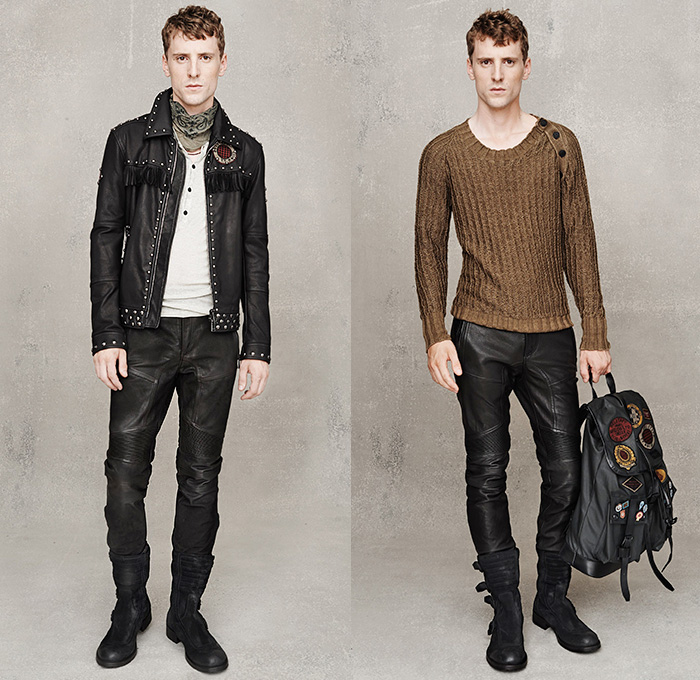 Belstaff England 2015 Spring Summer Mens Lookbook Presentation - Milano Moda Uomo Collezione Milan Fashion Week Italy Camera Nazionale della Moda Italiana - Denim Jeans Waxed Dry Coated Motorcycle Biker Rider Ribbed Knee Panels Outerwear Jacket Waffle Quilted Patches Emblems Scarf Bandanna Paisley Print Motif Pattern Boots Metallic Studs Vest Waistcoat Sweater Jumper Knit One Piece Onesie Jumpsuit Boilersuit Coveralls Backpack