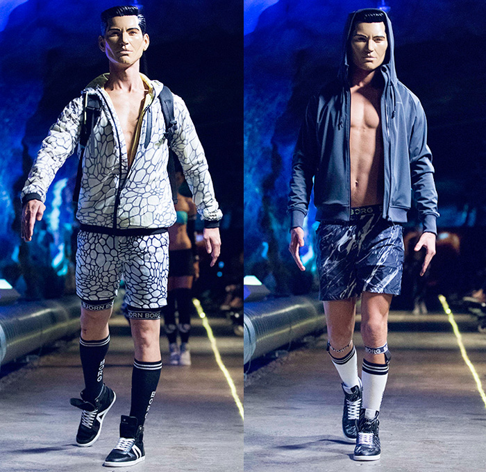 Björn Borg 2015 Spring Summer Mens Runway Catwalk Looks - Fashion Week Stockholm Sweden - First Person Lover Digital Video Game Tennis Sportswear Abstract Underwear Boxershorts Boxer Briefs Backpack Gloves Trainers High Tops Sweatshirt Track Jacket Hoodie Tiles Print Leggings Under Shorts Compression Cycling Knee Straps Trunks Swimwear