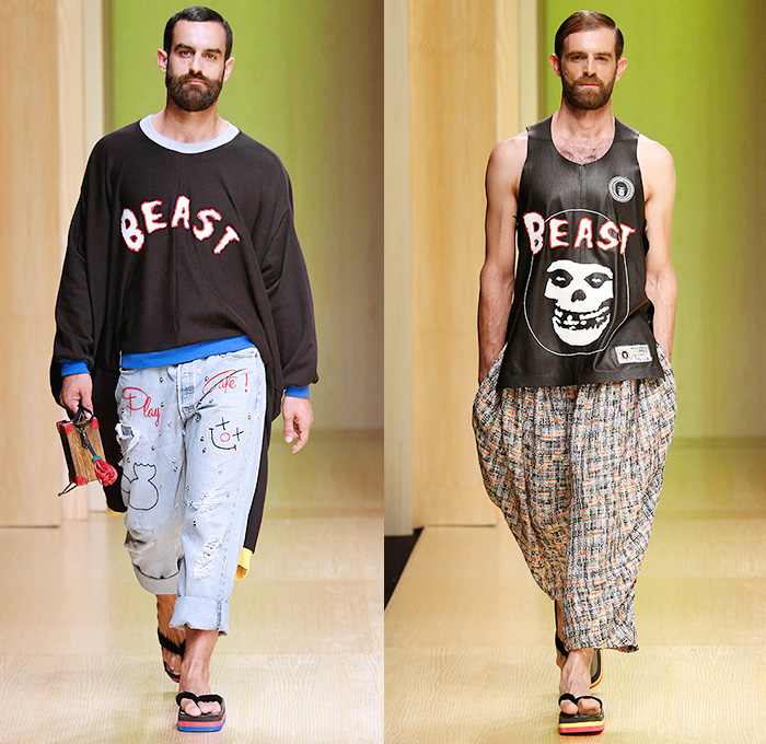 Brain&Beast 2015 Spring Summer Mens Runway Catwalk Looks - 080 Barcelona Fashion Catalonia Catalan Spain - Misfit Denim Jeans Embroidery Ripped Destroyed Destructed Holes Extra Combo Mix Multi Panels Sweater Jumper Wide Leg Trousers Pants Culottes Gauchos Tank Top Sleeveless Patched Shirts Shorts Lace Up Colorblock Shoulder Pad Shirt Long Sleeve